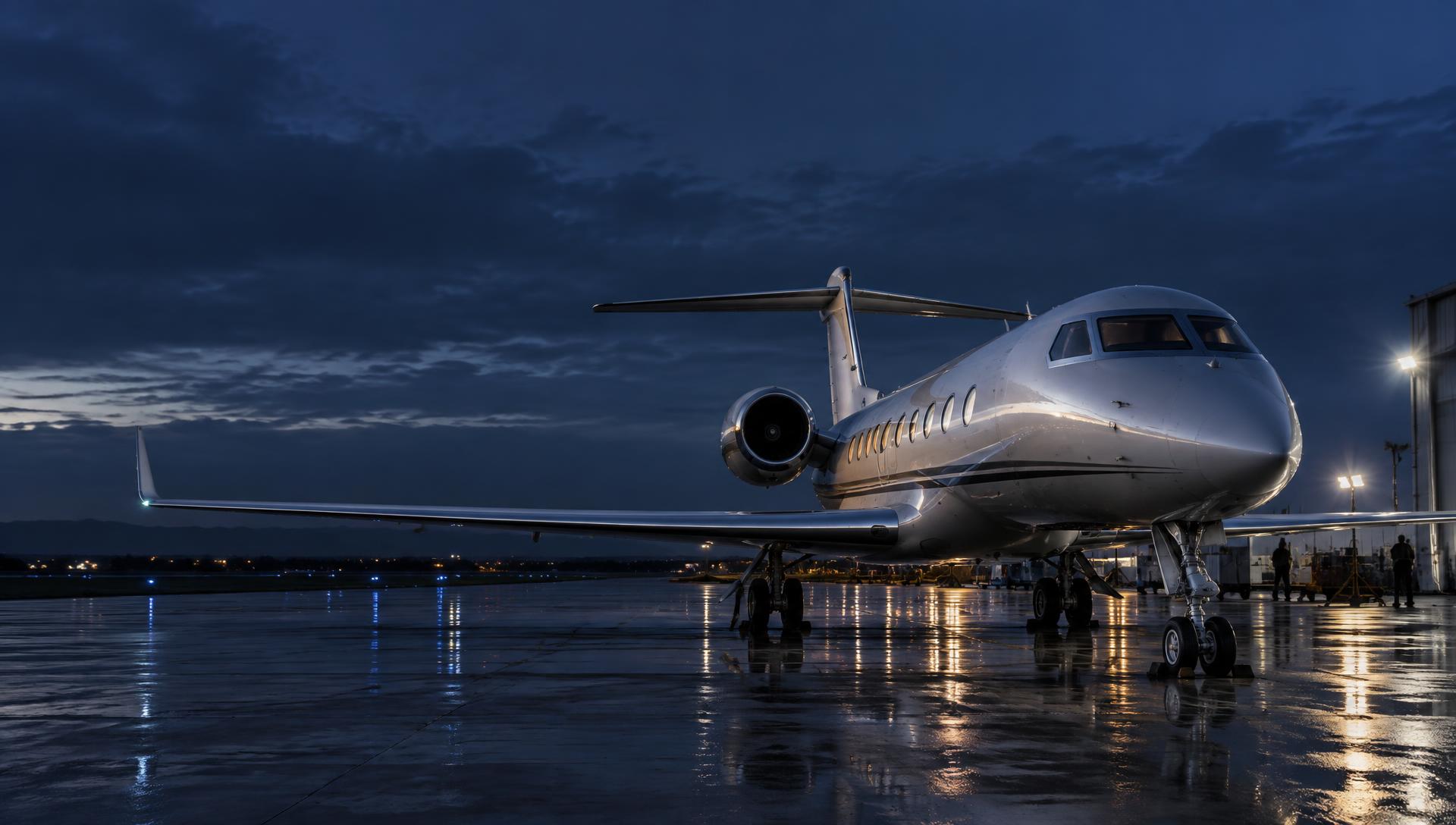 Business aircraft on a wet airport apron at blue hour